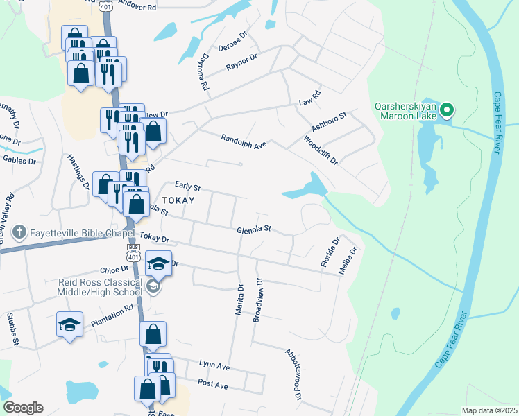 map of restaurants, bars, coffee shops, grocery stores, and more near 3529 Beechnut Court in Fayetteville