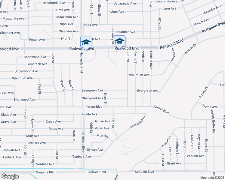 map of restaurants, bars, coffee shops, grocery stores, and more near 9351 Evergreen Avenue in California City