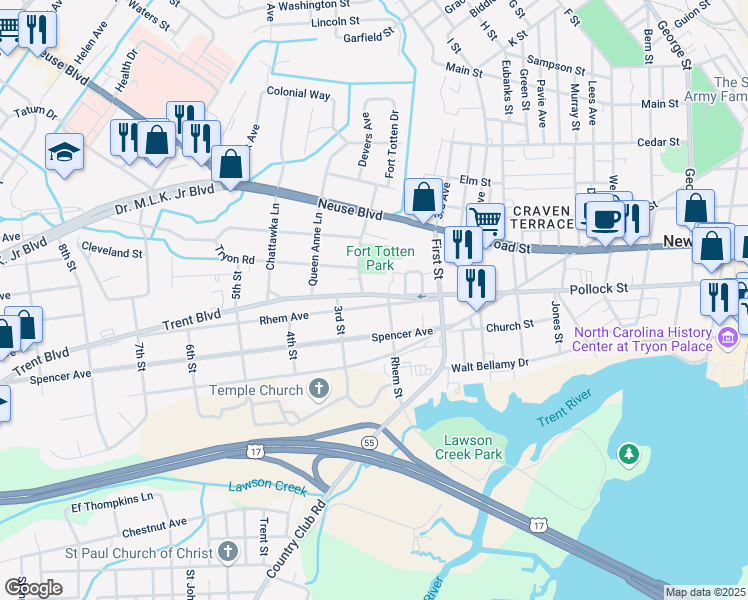 map of restaurants, bars, coffee shops, grocery stores, and more near 1407 Rhem Avenue in New Bern