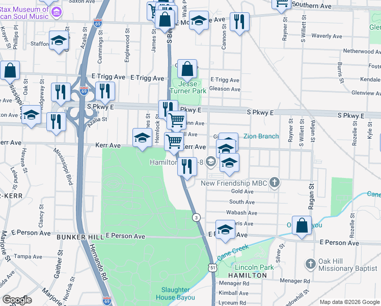 map of restaurants, bars, coffee shops, grocery stores, and more near 1484 South Montgomery Street in Memphis