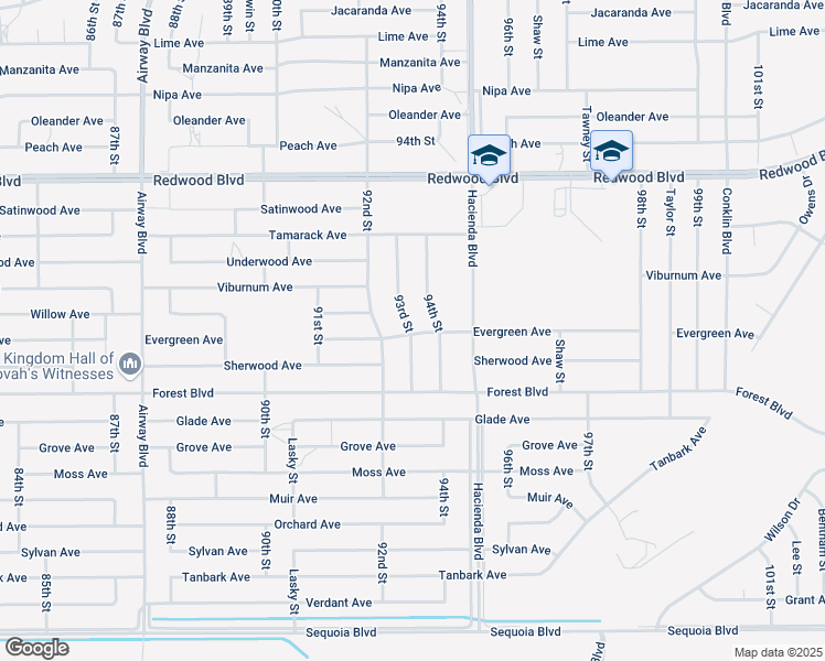 map of restaurants, bars, coffee shops, grocery stores, and more near 94th Street in California City
