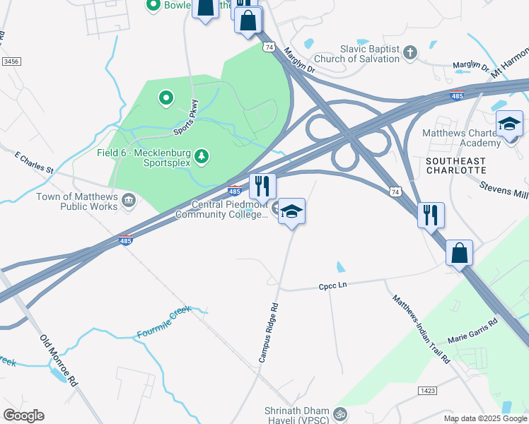 map of restaurants, bars, coffee shops, grocery stores, and more near 2800 Campus Ridge Road in Matthews