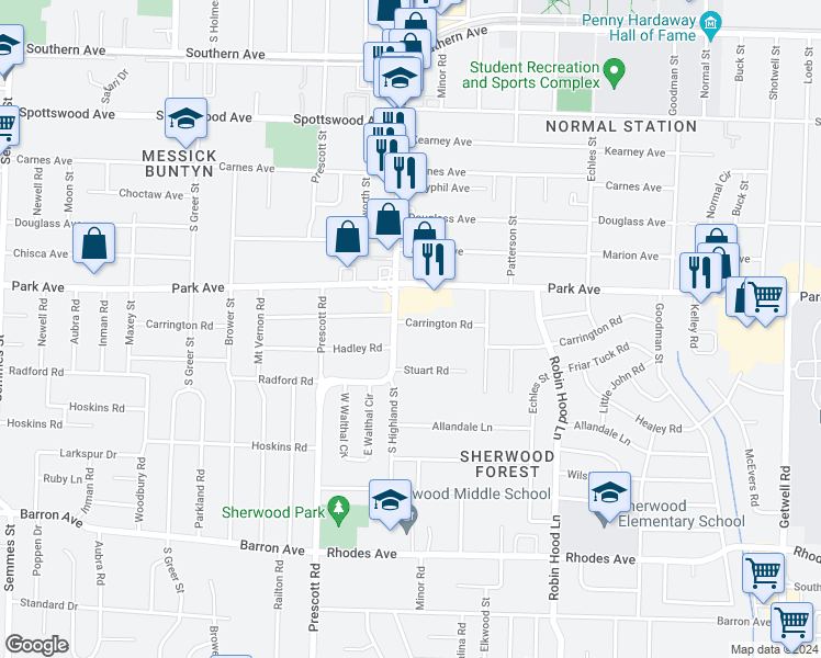 map of restaurants, bars, coffee shops, grocery stores, and more near 3519 Carrington Road in Memphis