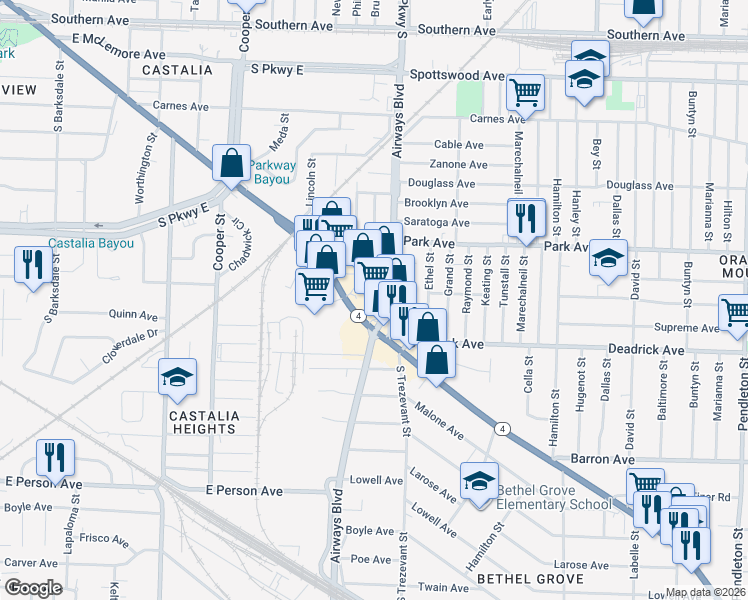map of restaurants, bars, coffee shops, grocery stores, and more near 1452 South Trezevant Street in Memphis
