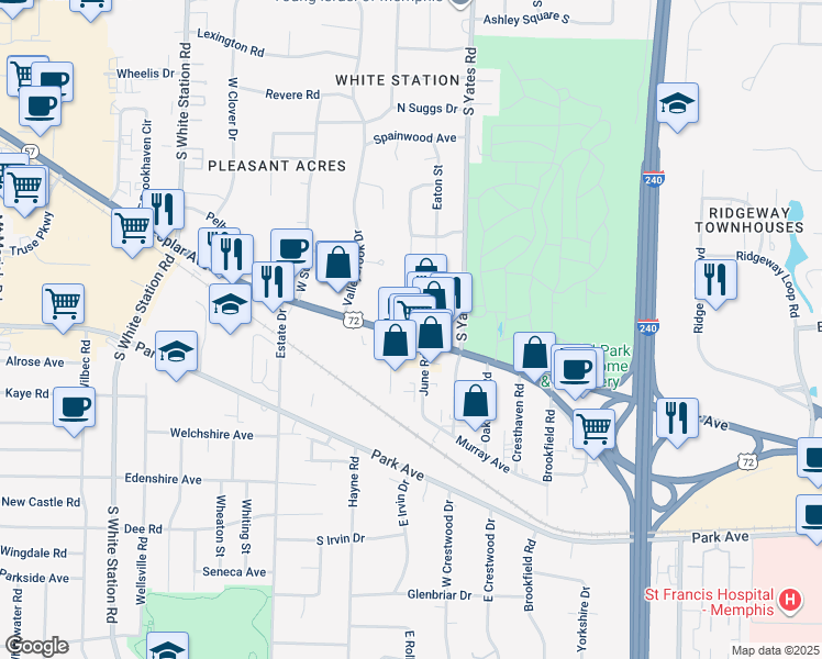 map of restaurants, bars, coffee shops, grocery stores, and more near 5480 Poplar Avenue in Memphis