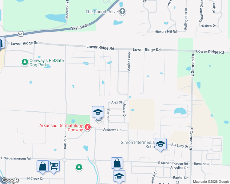 map of restaurants, bars, coffee shops, grocery stores, and more near 36 Azalea Loop in Conway