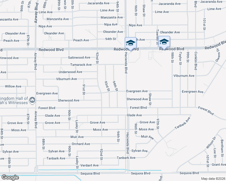 map of restaurants, bars, coffee shops, grocery stores, and more near 9351 Evergreen Avenue in California City