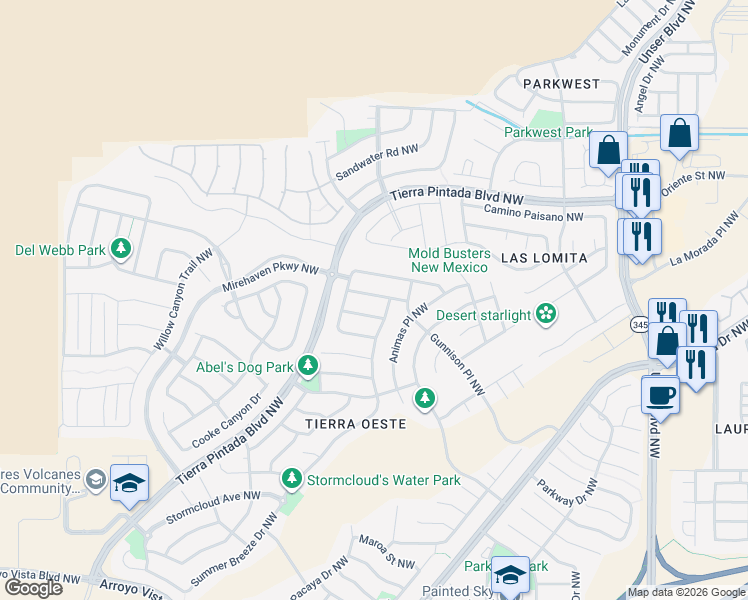 map of restaurants, bars, coffee shops, grocery stores, and more near 2012 Summer Breeze Drive Northwest in Albuquerque