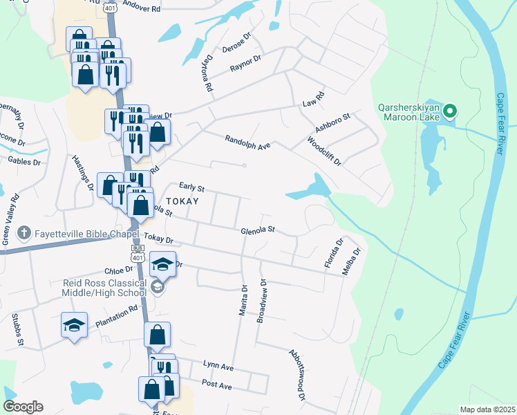 map of restaurants, bars, coffee shops, grocery stores, and more near 3525 Beechnut Court in Fayetteville