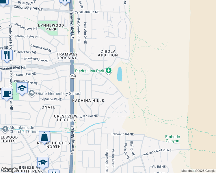 map of restaurants, bars, coffee shops, grocery stores, and more near 2101 Blue Corn Maiden Court Northeast in Albuquerque