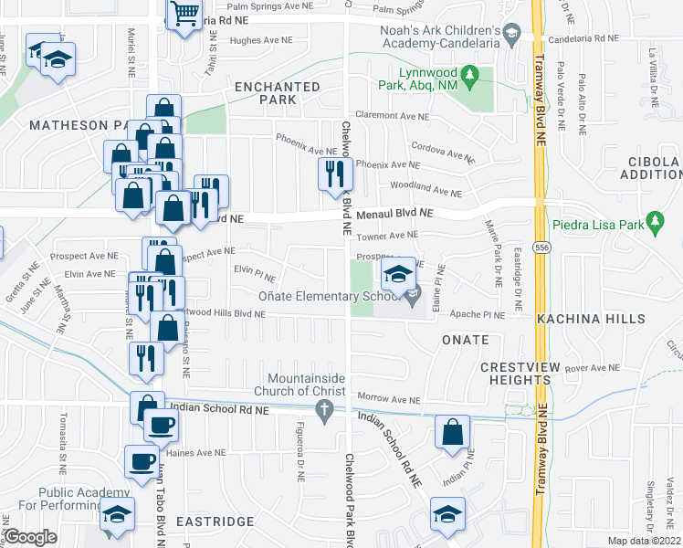 map of restaurants, bars, coffee shops, grocery stores, and more near 2102 Cleopatra Place Northeast in Albuquerque