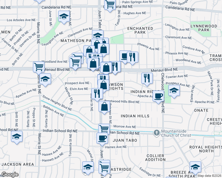 map of restaurants, bars, coffee shops, grocery stores, and more near 11822 Elvin Avenue Northeast in Albuquerque