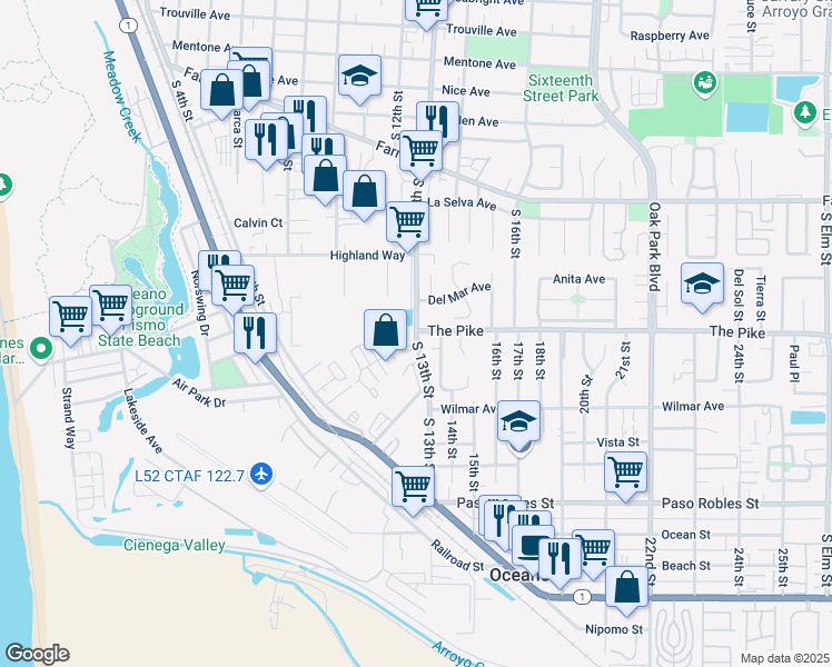 map of restaurants, bars, coffee shops, grocery stores, and more near 1210 Pike Lane in Oceano