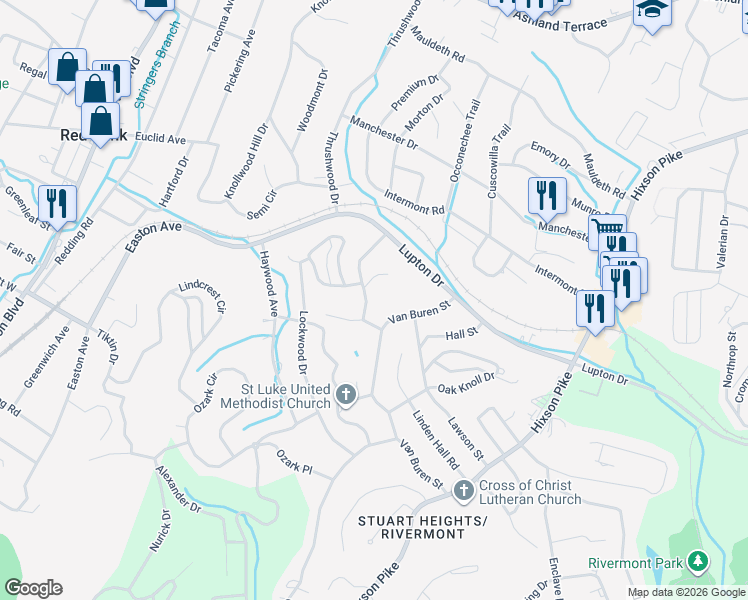 map of restaurants, bars, coffee shops, grocery stores, and more near 3410 Sleepy Hollow Road in Chattanooga
