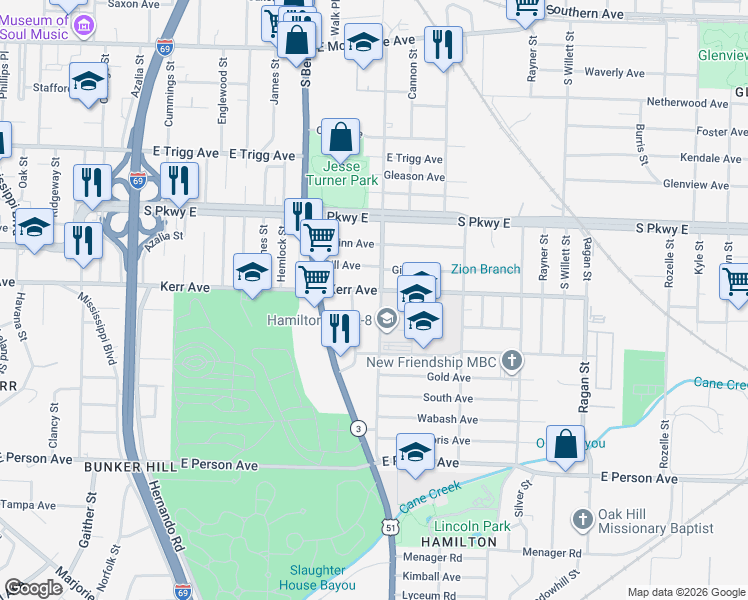 map of restaurants, bars, coffee shops, grocery stores, and more near 1484 South Montgomery Street in Memphis