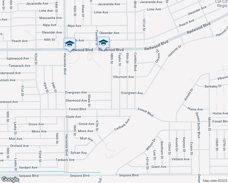 map of restaurants, bars, coffee shops, grocery stores, and more near Evergreen Avenue in California City