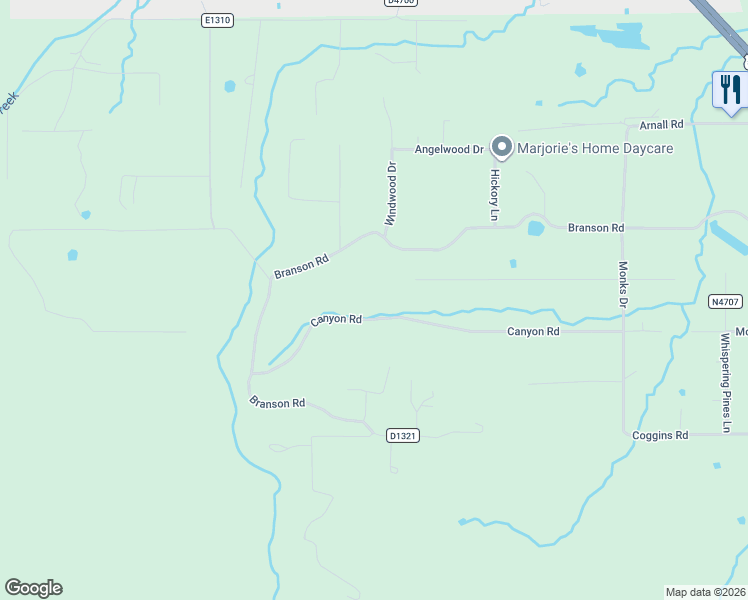 map of restaurants, bars, coffee shops, grocery stores, and more near 23068 Canyon Road in Poteau