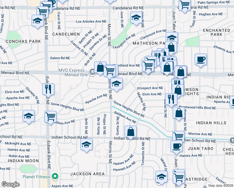 map of restaurants, bars, coffee shops, grocery stores, and more near 2100 Morris Street Northeast in Albuquerque