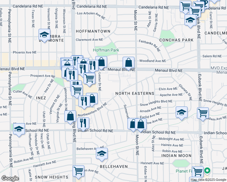 map of restaurants, bars, coffee shops, grocery stores, and more near 2201 Ambassador Road Northeast in Albuquerque