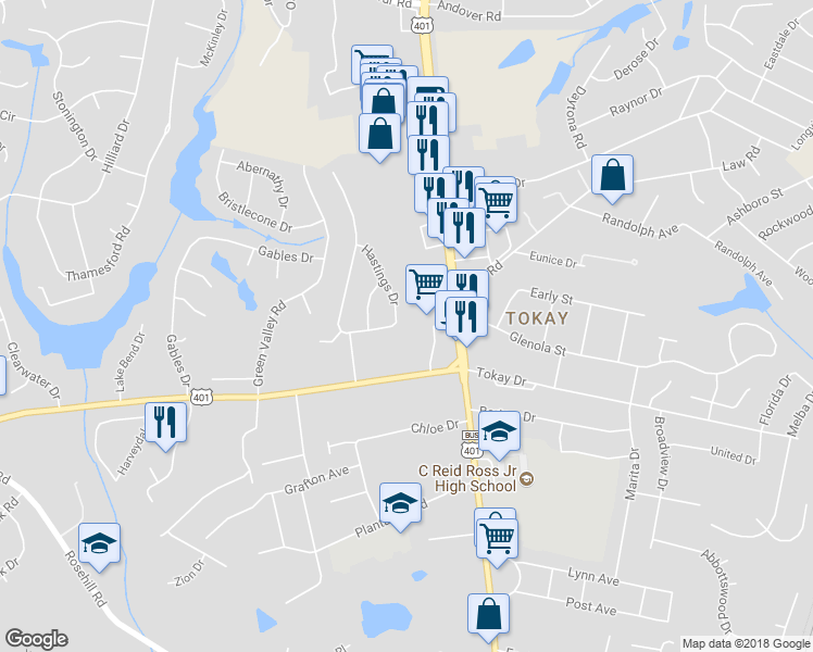 map of restaurants, bars, coffee shops, grocery stores, and more near 3477 Hastings Drive in Fayetteville