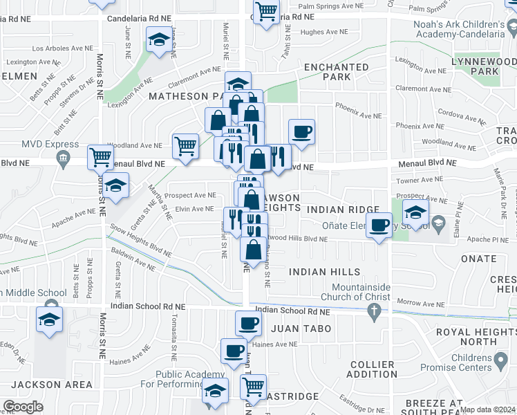 map of restaurants, bars, coffee shops, grocery stores, and more near 2133 Brentwood Park Drive Northeast in Albuquerque