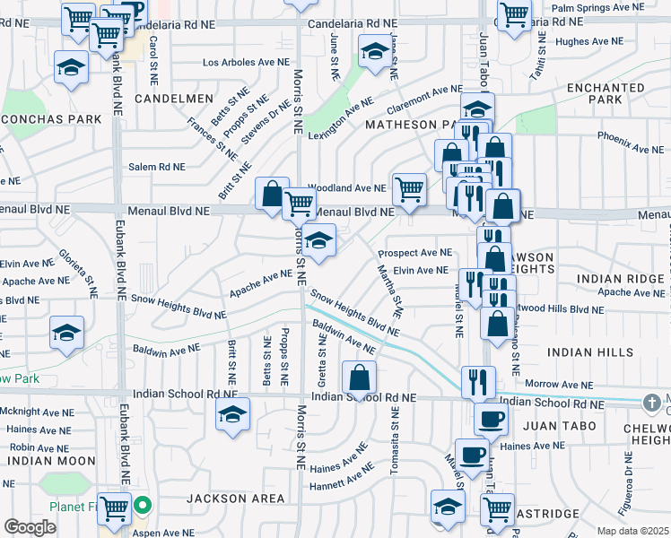 map of restaurants, bars, coffee shops, grocery stores, and more near 2100 Morris Street Northeast in Albuquerque