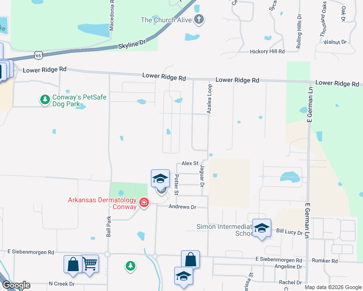 map of restaurants, bars, coffee shops, grocery stores, and more near 36 Azalea Loop in Conway