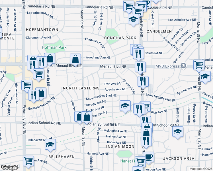 map of restaurants, bars, coffee shops, grocery stores, and more near 9504 Apache Avenue Northeast in Albuquerque