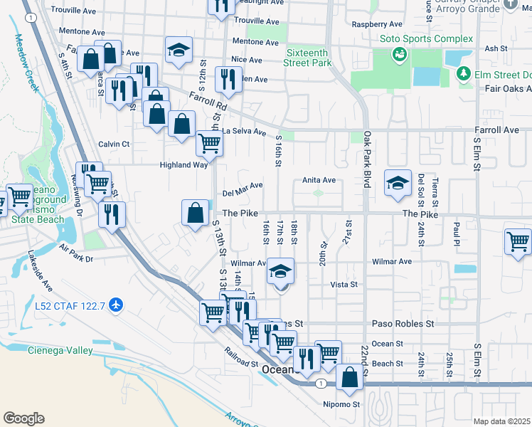 map of restaurants, bars, coffee shops, grocery stores, and more near 1306 16th Street in Oceano