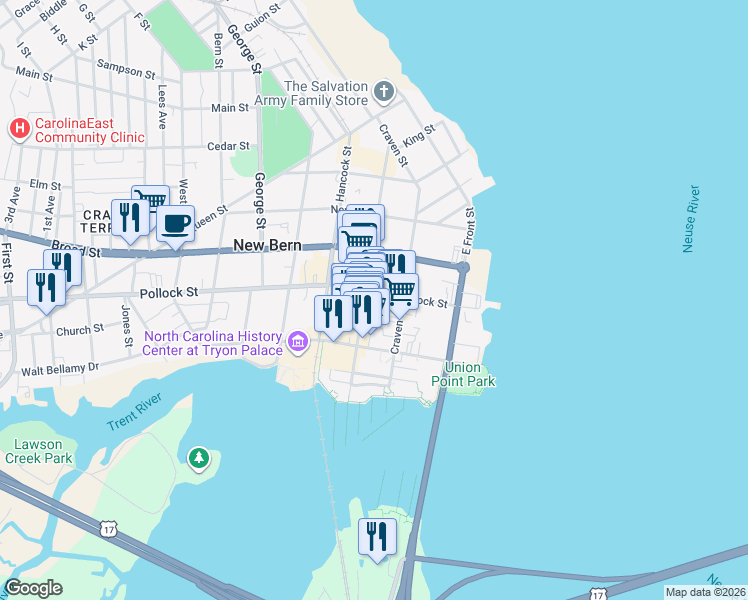 map of restaurants, bars, coffee shops, grocery stores, and more near 323 Pollock Street in New Bern