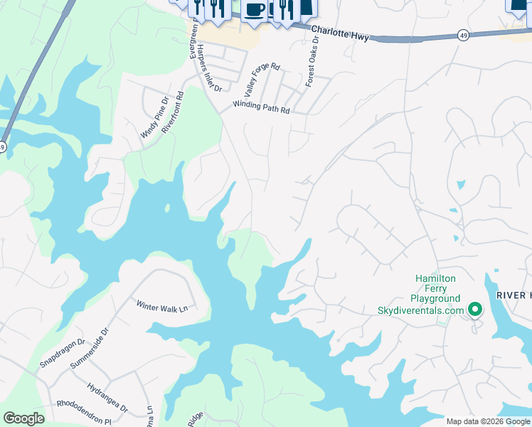 map of restaurants, bars, coffee shops, grocery stores, and more near 497 Evergreen Road in Lake Wylie