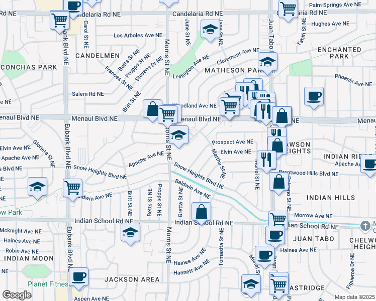 map of restaurants, bars, coffee shops, grocery stores, and more near 2012 Gretta Street Northeast in Albuquerque