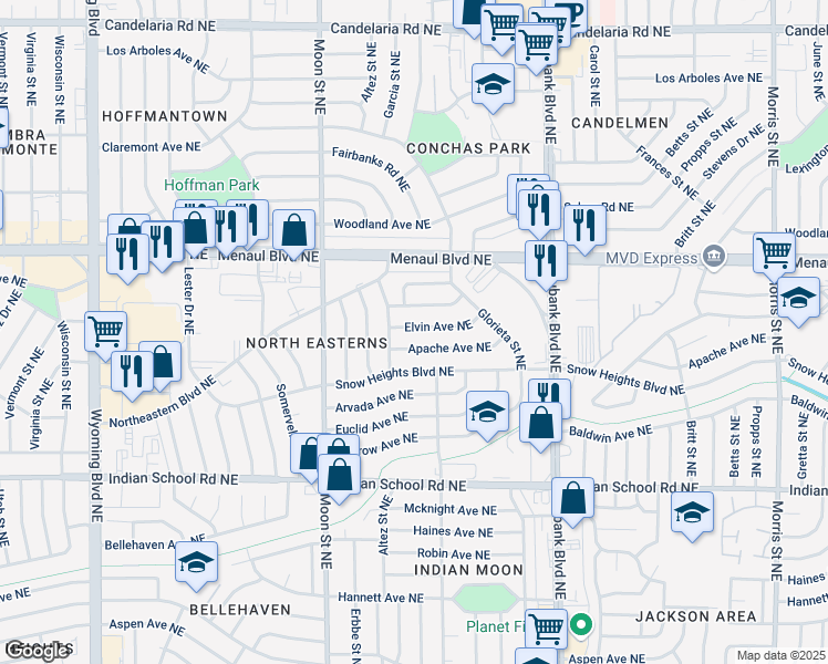 map of restaurants, bars, coffee shops, grocery stores, and more near 9504 Apache Avenue Northeast in Albuquerque
