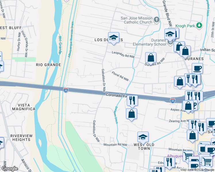 map of restaurants, bars, coffee shops, grocery stores, and more near 1136 Gabaldon Road Northwest in Albuquerque