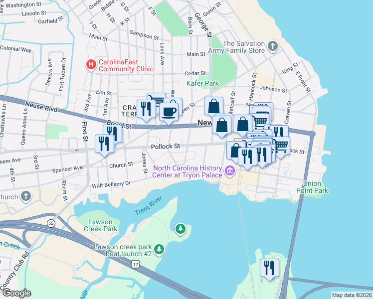 map of restaurants, bars, coffee shops, grocery stores, and more near 200 Bern Street in New Bern