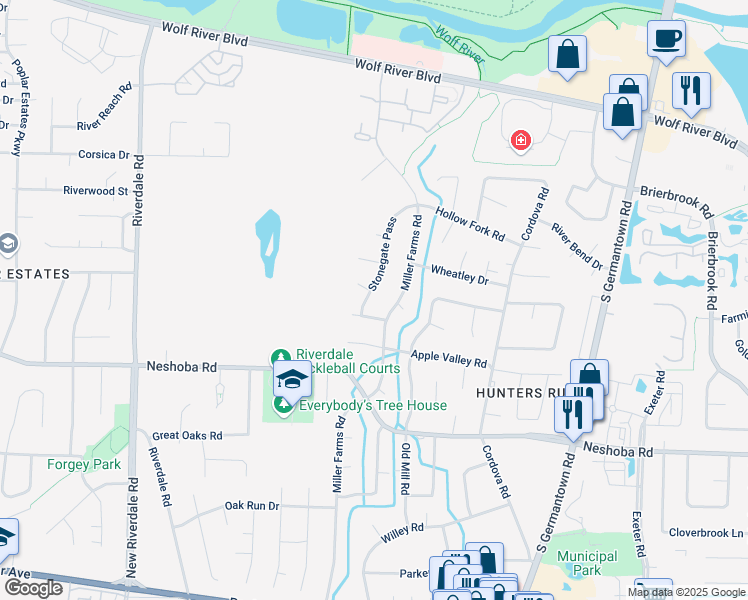 map of restaurants, bars, coffee shops, grocery stores, and more near 7475 Mill Run in Memphis