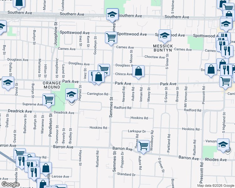 map of restaurants, bars, coffee shops, grocery stores, and more near 3055 Seminole Road in Memphis