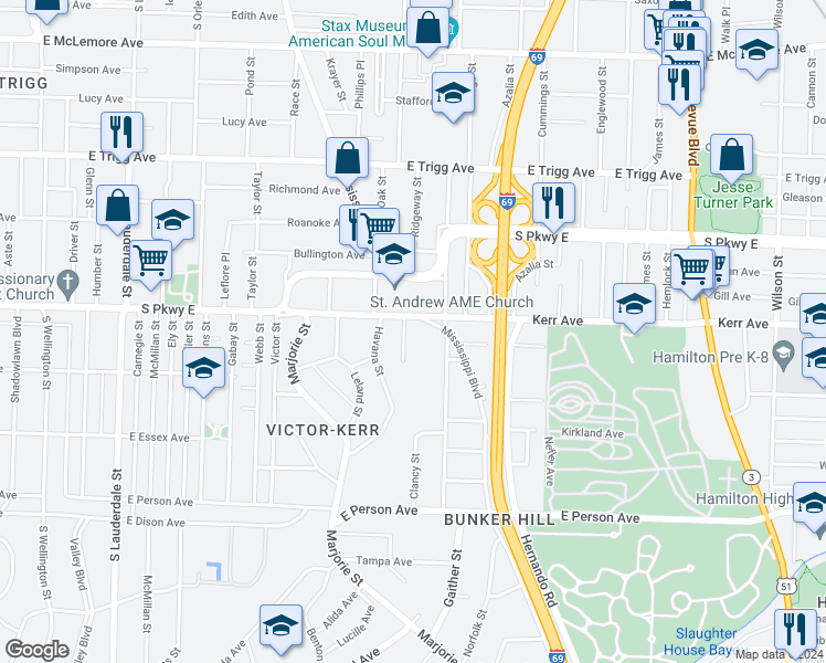 map of restaurants, bars, coffee shops, grocery stores, and more near 1493 Clancy Street in Memphis