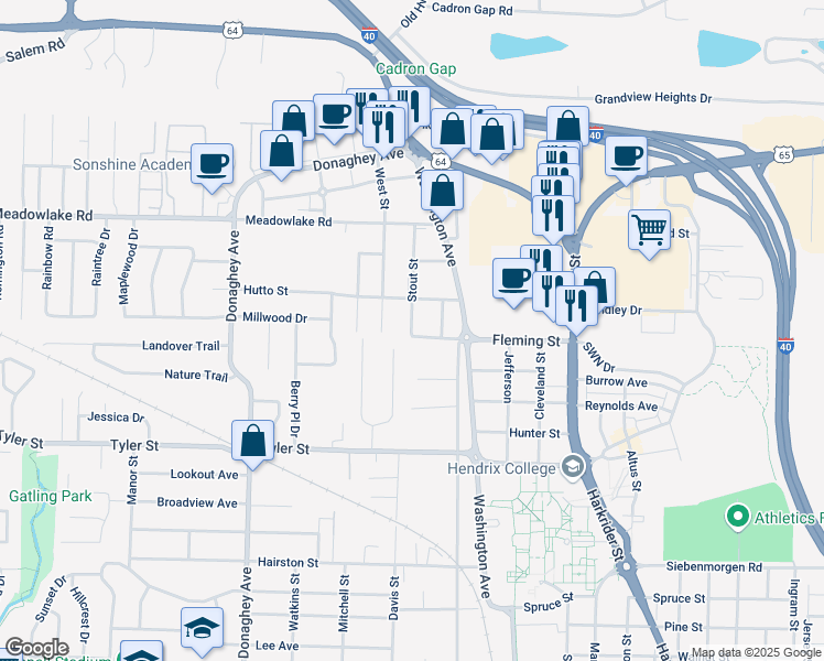 map of restaurants, bars, coffee shops, grocery stores, and more near 1619 Fleming Street in Conway