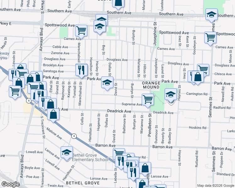 map of restaurants, bars, coffee shops, grocery stores, and more near 1240 David Street in Memphis
