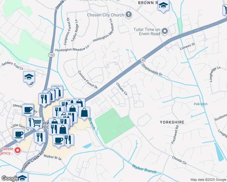 map of restaurants, bars, coffee shops, grocery stores, and more near 12740 Persimmon Tree Drive in Charlotte