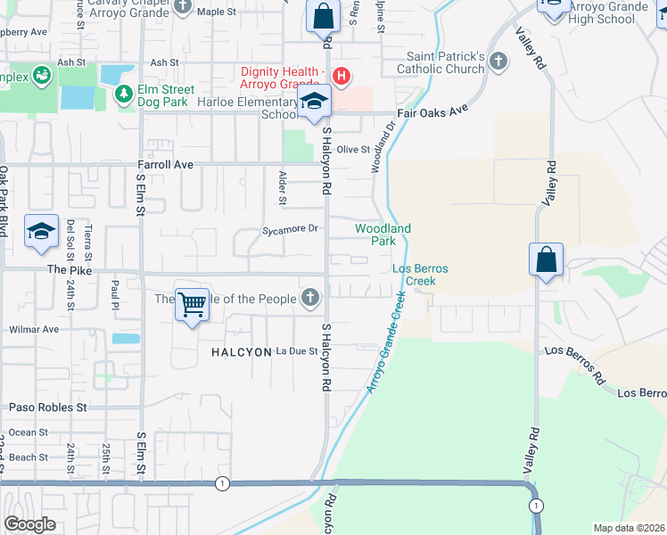 map of restaurants, bars, coffee shops, grocery stores, and more near The Pike in Arroyo Grande