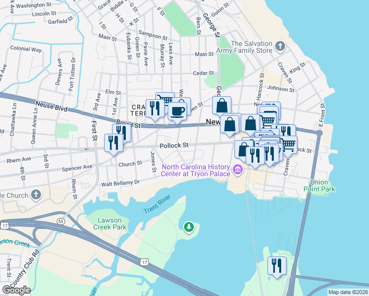 map of restaurants, bars, coffee shops, grocery stores, and more near 167 Fleet Street in New Bern