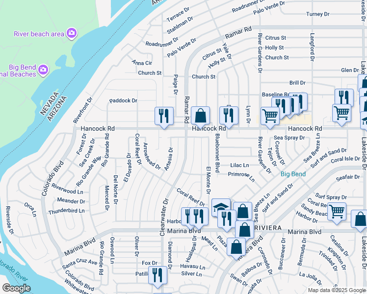 map of restaurants, bars, coffee shops, grocery stores, and more near 1814 Clearwater Drive in Bullhead City