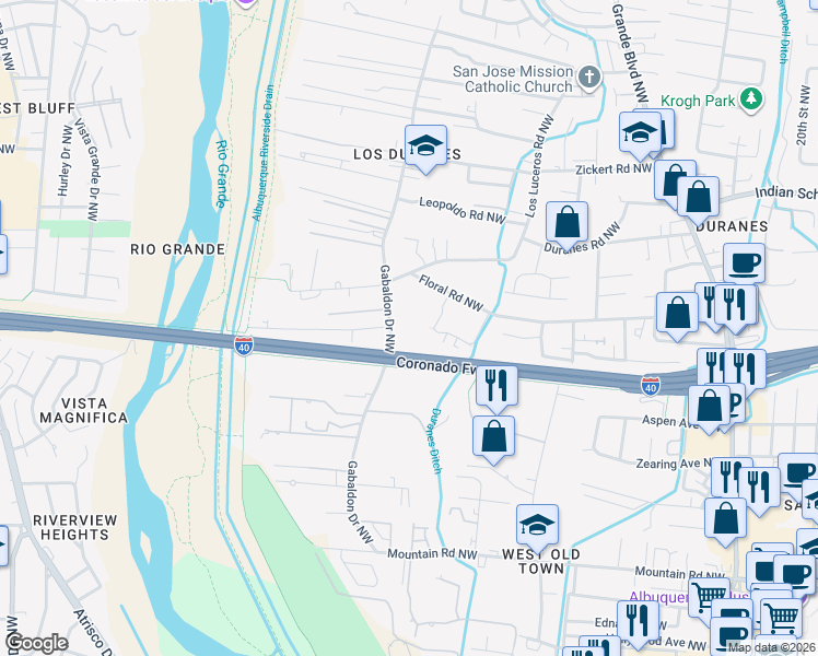 map of restaurants, bars, coffee shops, grocery stores, and more near 1136 Gabaldon Road Northwest in Albuquerque