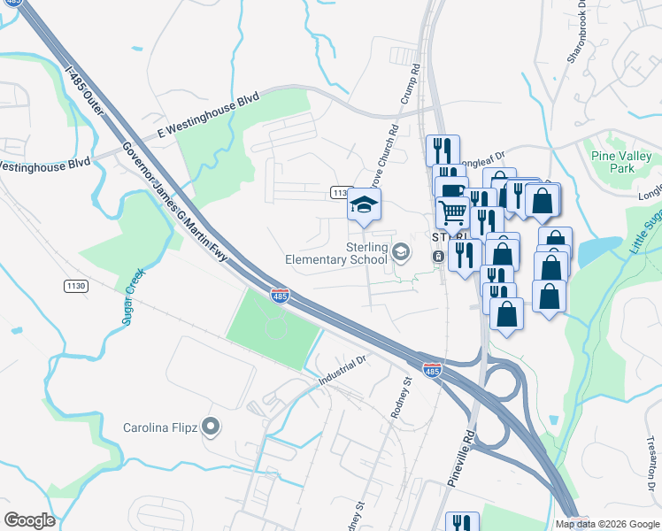 map of restaurants, bars, coffee shops, grocery stores, and more near 1601 Ervin Lane in Pineville