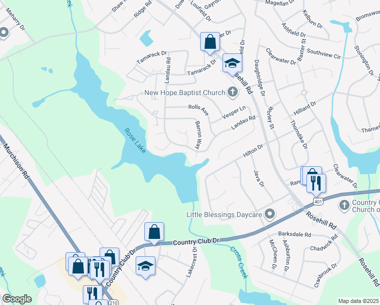 map of restaurants, bars, coffee shops, grocery stores, and more near 1103 Landau Road in Fayetteville