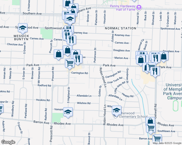 map of restaurants, bars, coffee shops, grocery stores, and more near 908 Parkhaven Lane in Memphis
