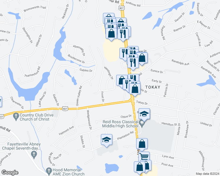 map of restaurants, bars, coffee shops, grocery stores, and more near 3494 Hastings Drive in Fayetteville