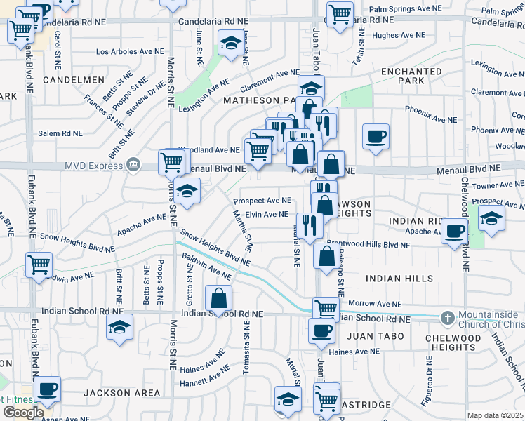 map of restaurants, bars, coffee shops, grocery stores, and more near 10913 Apache Avenue Northeast in Albuquerque